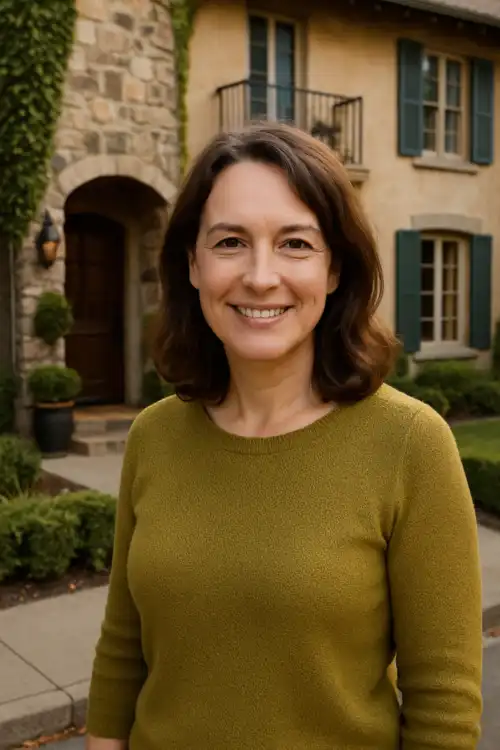 Evelyn Marceau, founder of Yountville Lodgings, standing in front of a charming boutique hotel in Yountville